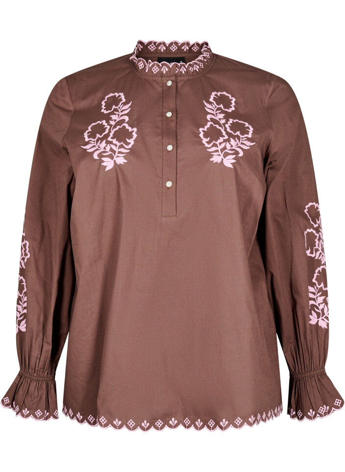 Blouse with embroidery and ruffle details, Brown, Packshot image number 0