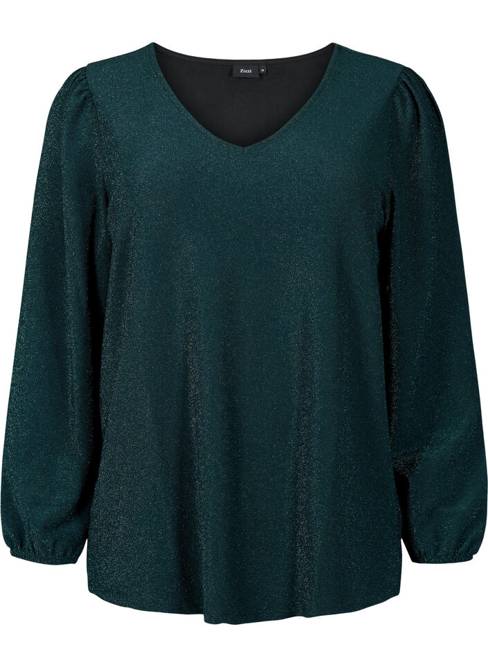 Glitter blouse with puff sleeves, Black Scarab, Packshot image number 0