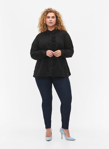 Shirt with structure and ruffle detail, Black, Model image number 2
