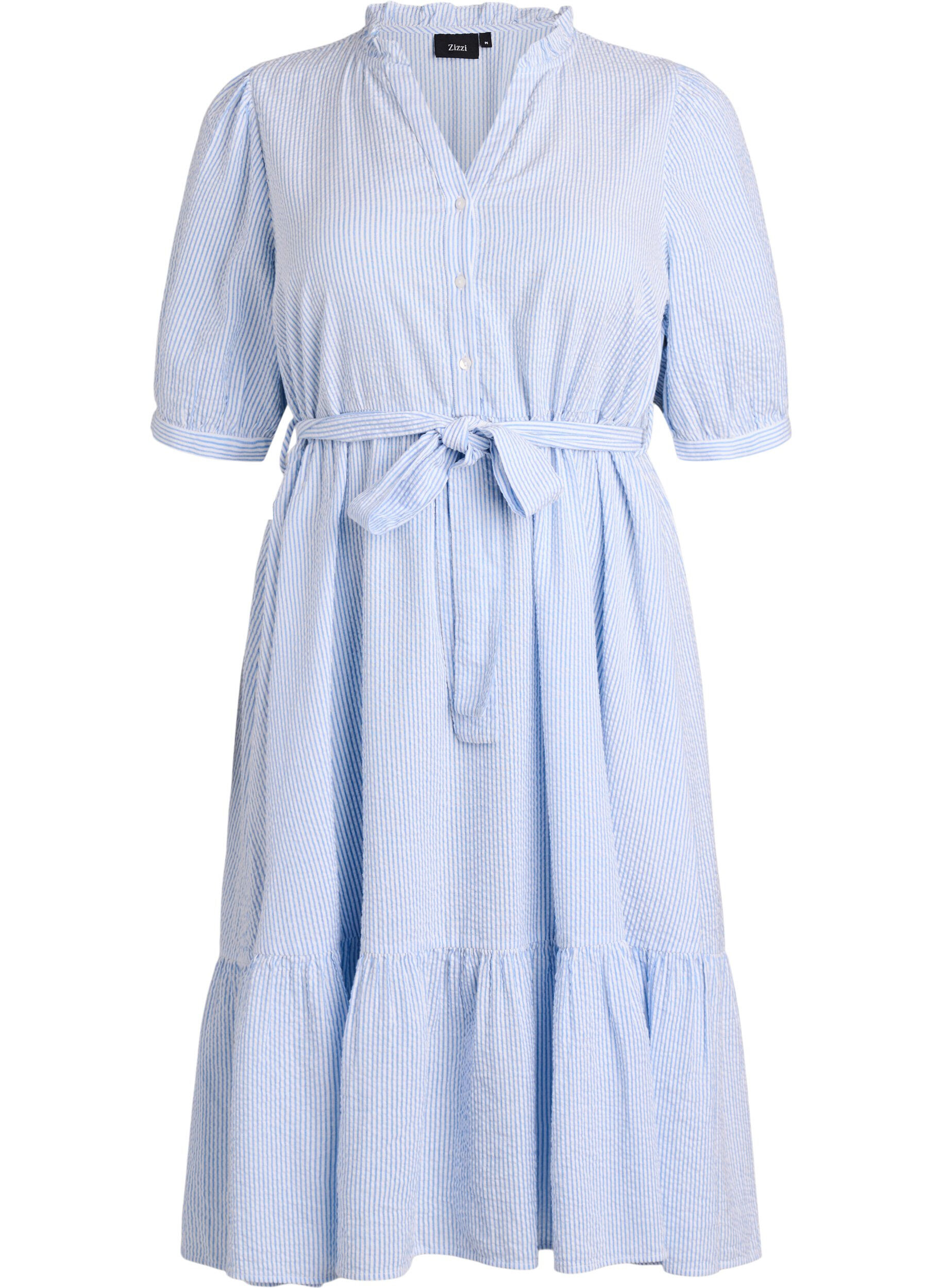 ZizzifashionStriped midi dress in cotton with a tie-belt, White, Packshot image number 0