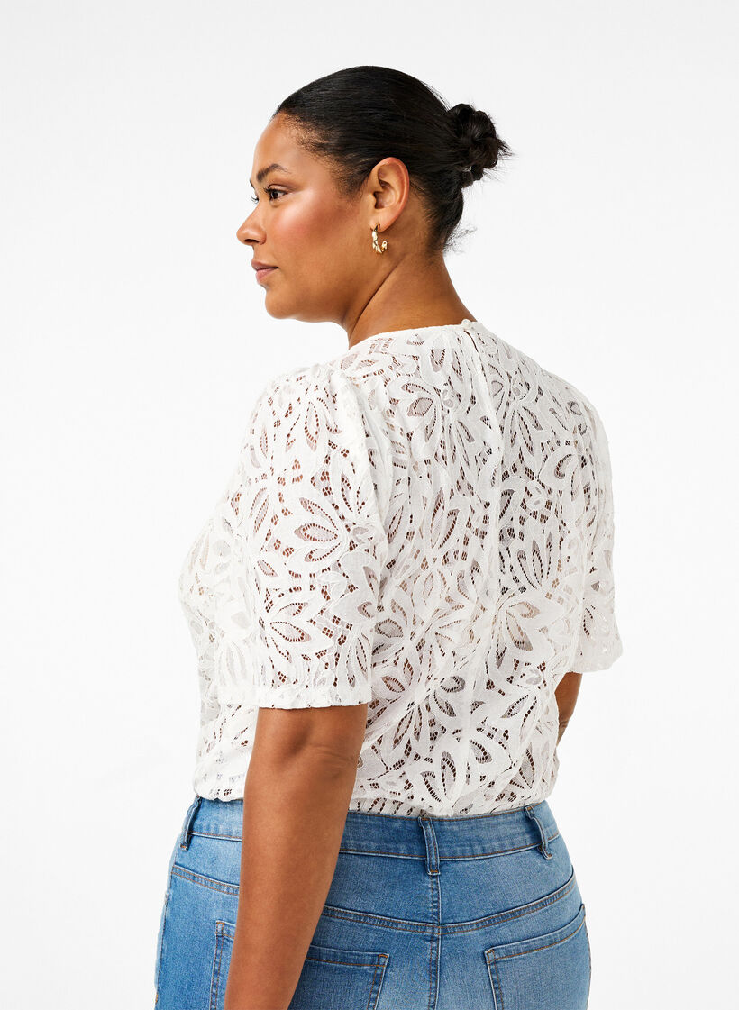 Lace blouse with short sleeves, Bright White, Model image number 1
