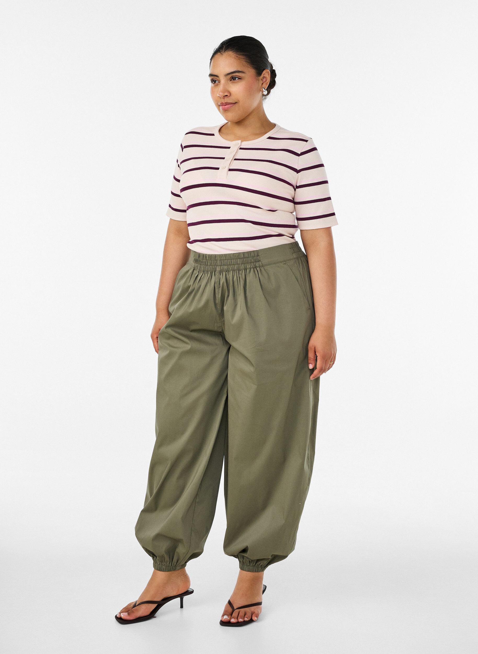 ZizzifashionRib T-shirt with stripes and button detail, Purple, Model image number 1