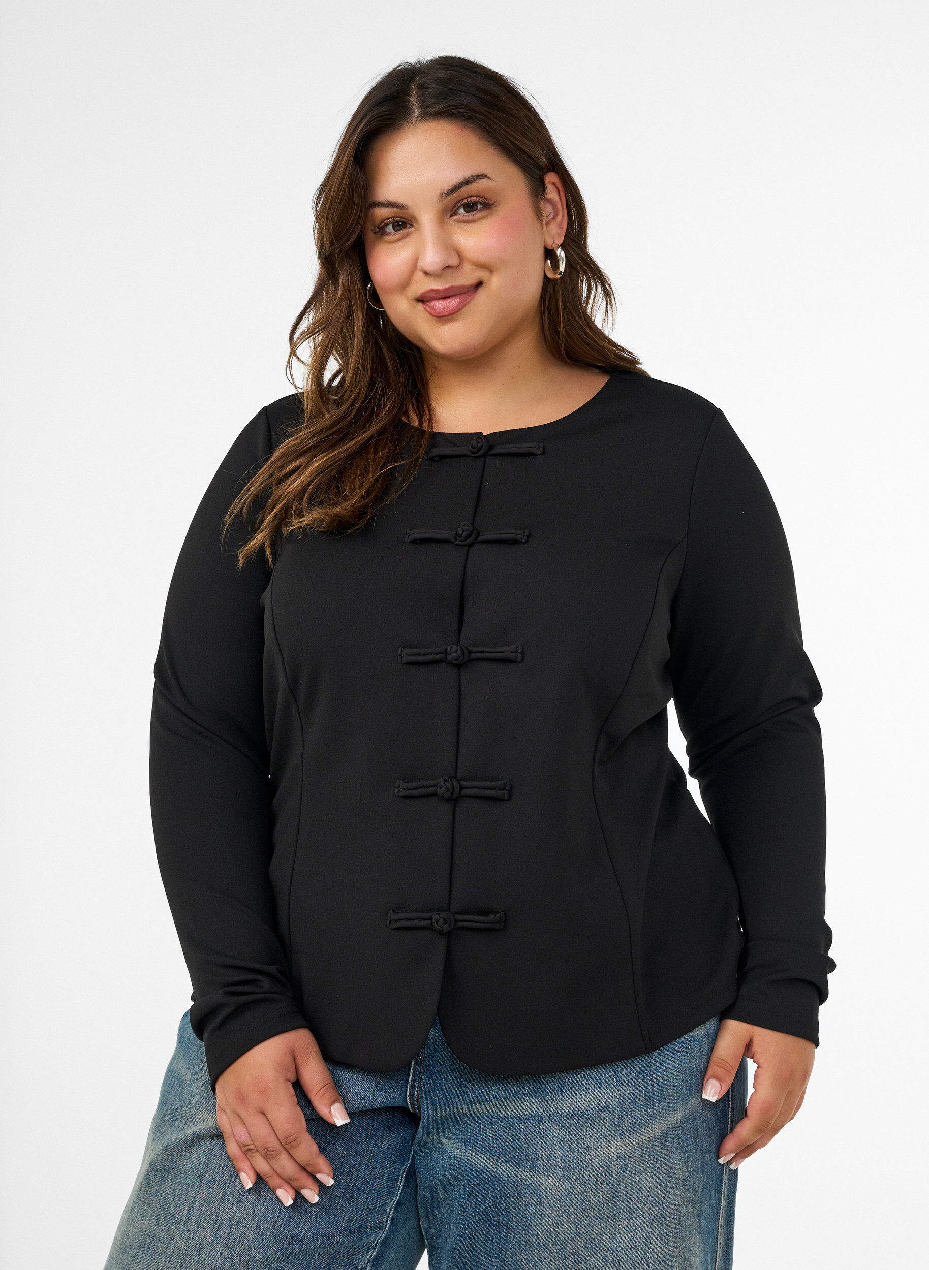 ZizzifashionFitted cardigan with knot fastenings, Black, Model image number 0