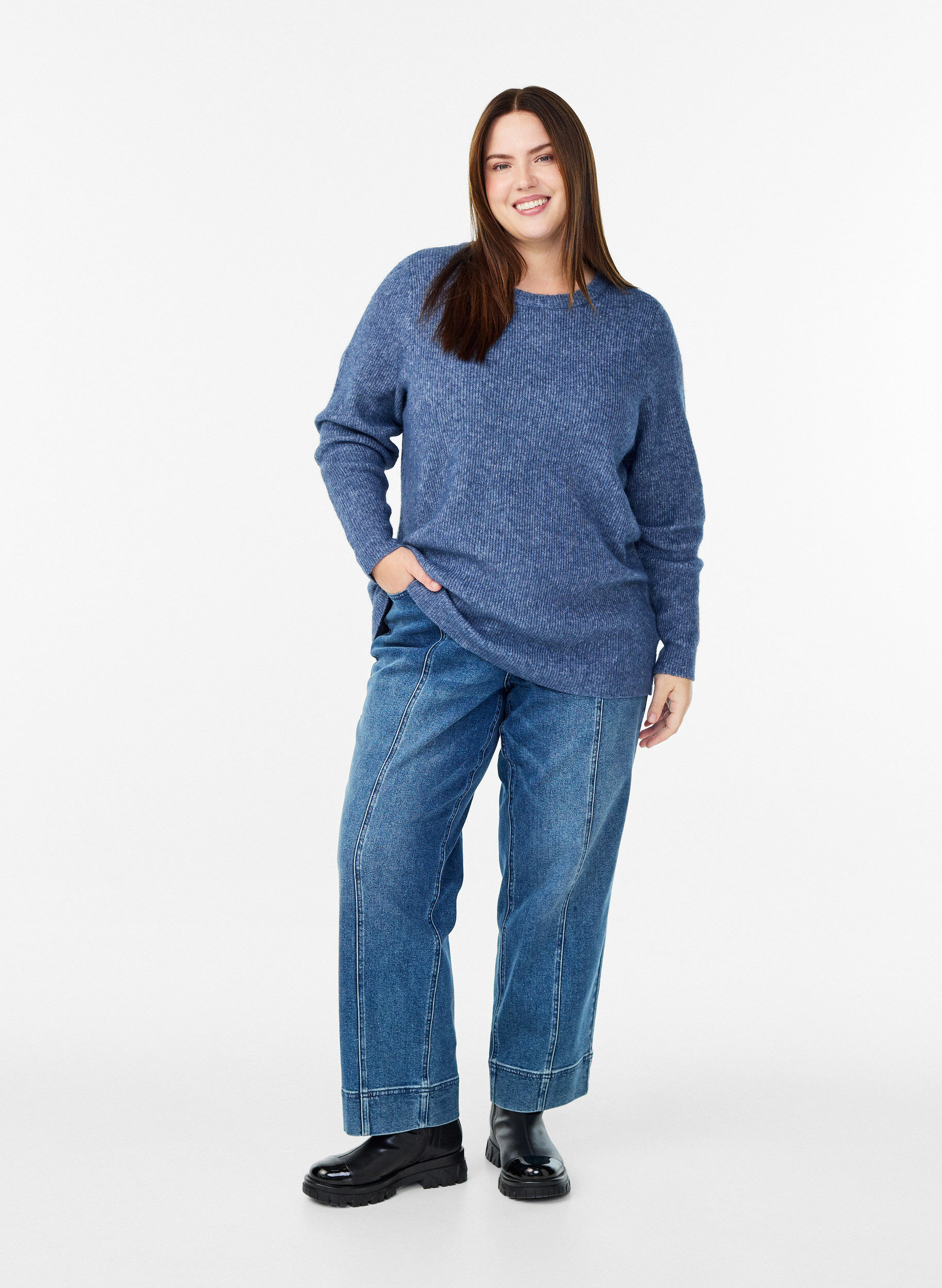 Zizzifashion Melange knit blouse with round neck, Blue, Model image number 1