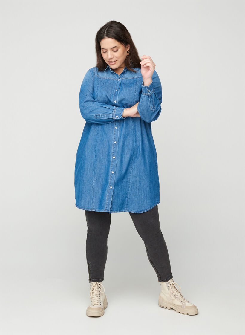 Long denim shirt in cotton, Blue denim, Model image number 2