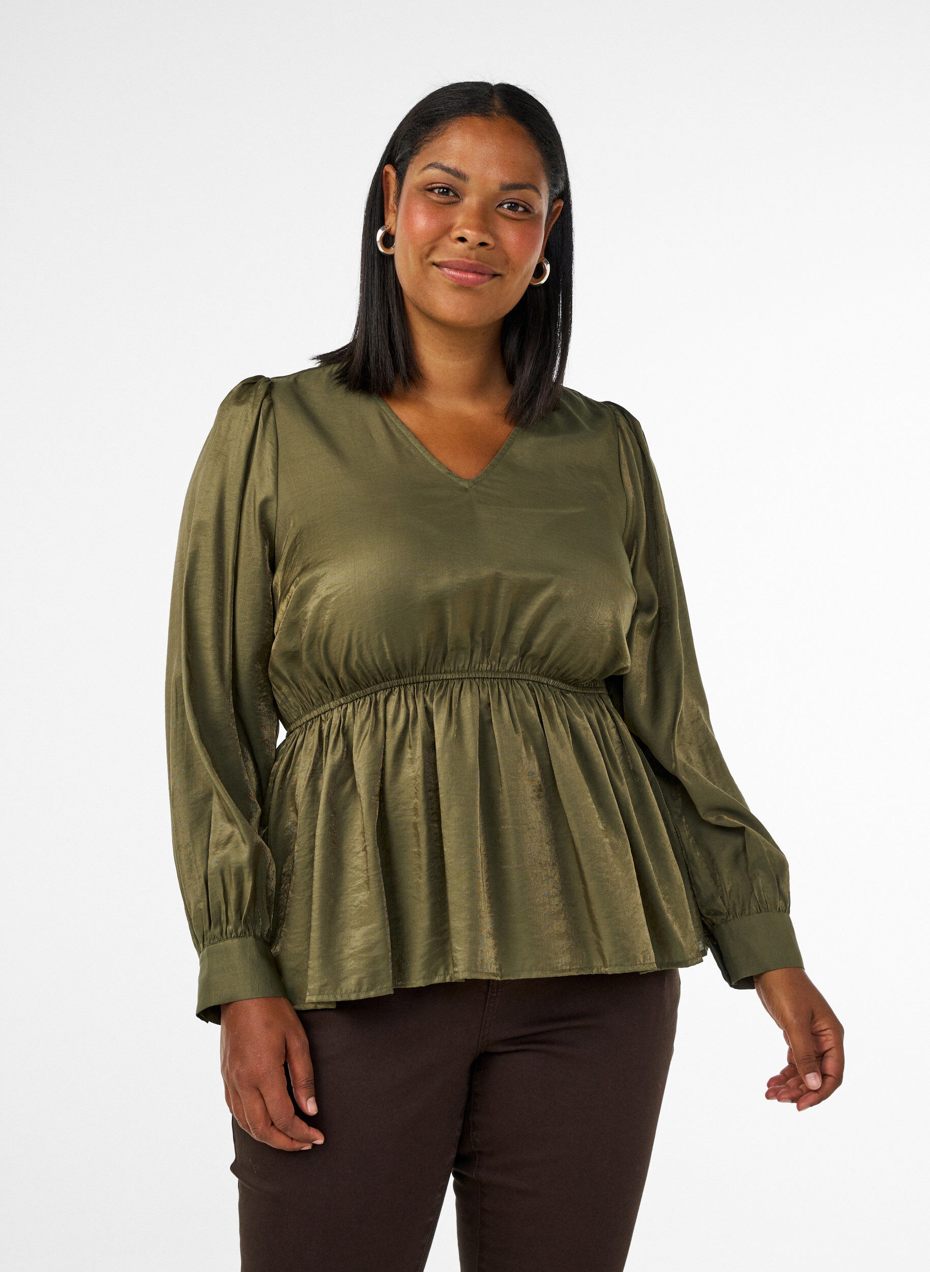 Shiny viscose blouse with peplum effect, Green, Model