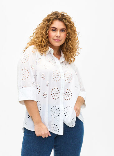 Shirt blouse with embroidery anglaise and 3/4 sleeves, Bright White, Model image number 0