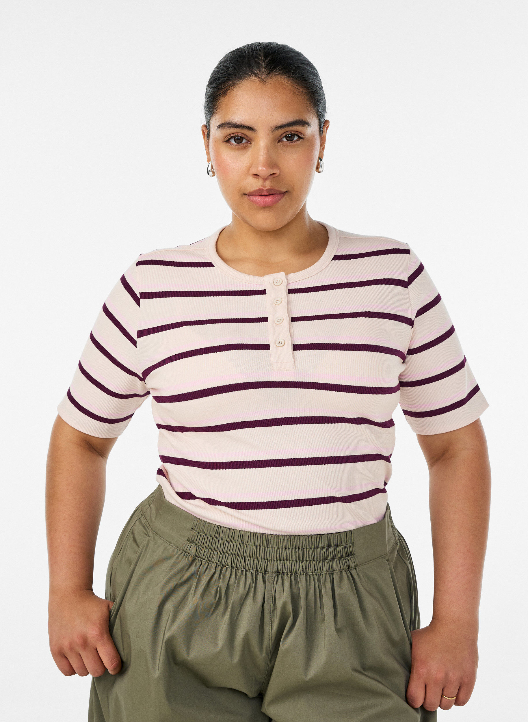 ZizzifashionRib T-shirt with stripes and button detail, Purple, Model image number 0