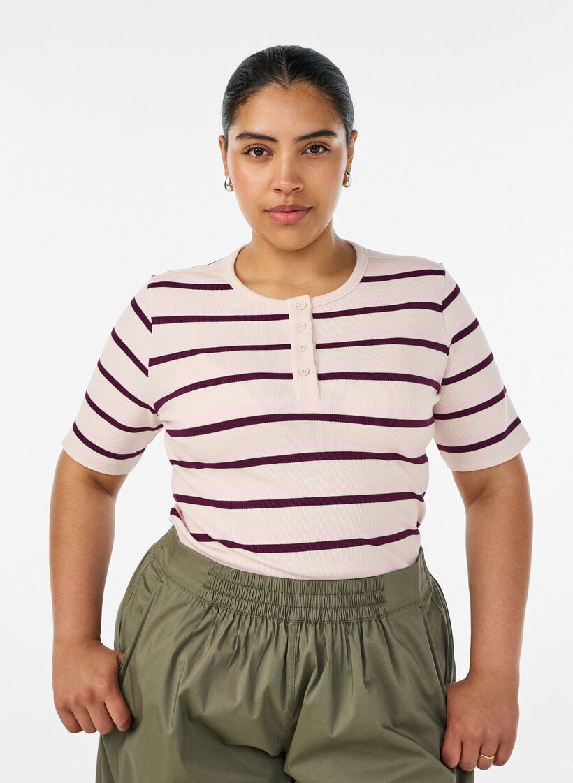 Rib T-shirt with stripes and button detail, Purple, Model image number 0