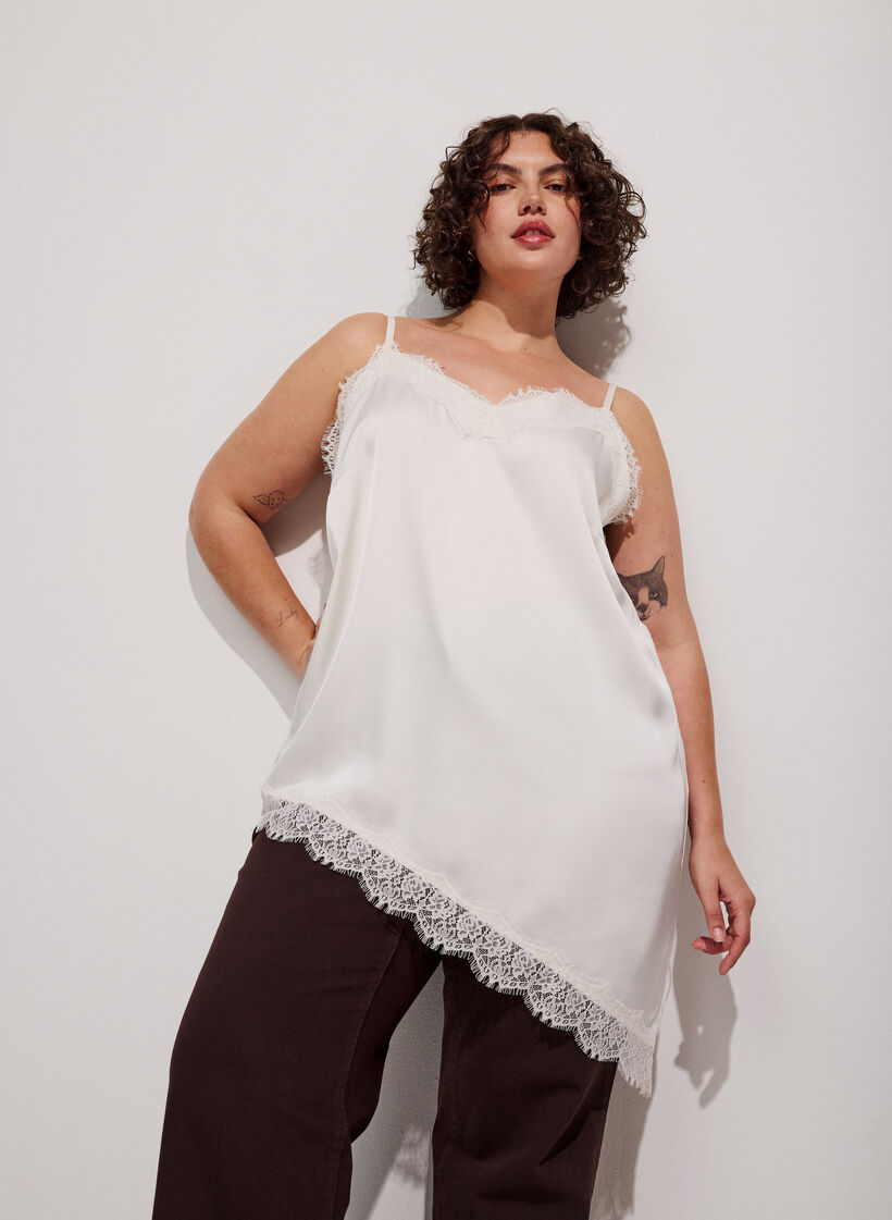 Strappy top with lace and an asymmetrical hem, Vanilla, Model image number 0
