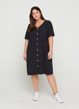 Short-sleeved cotton dress with buttons, Black, Model image number 3