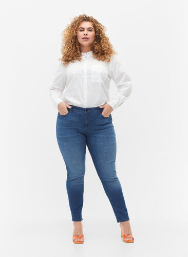 Emily jeans with regular waist and slim fit, Blue denim, Model image number 0