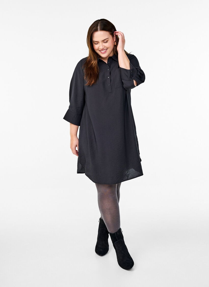 Short dress with collar and chest pocket, Black, Model image number 1