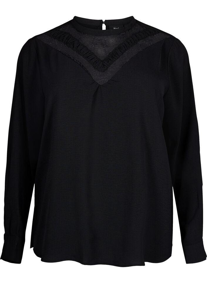 Blouse with lace detail, Black, Packshot image number 0