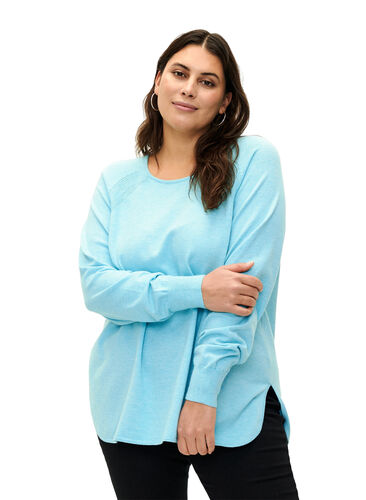 Knitted blouse with Raglan sleeves, Blue Curacao Mel., Model image number 0