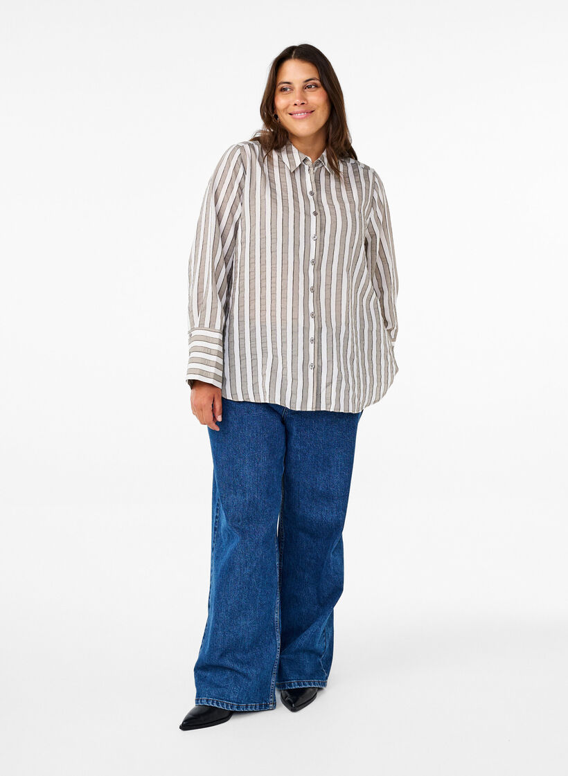 Loose shirt with stripes, Beige, Model image number 1