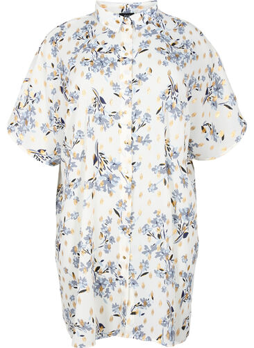Long shirt with floral print, White Flower/Gold, Packshot image number 0