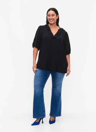 Viscose blouse with puff sleeves and ruffles, Black, Model image number 2