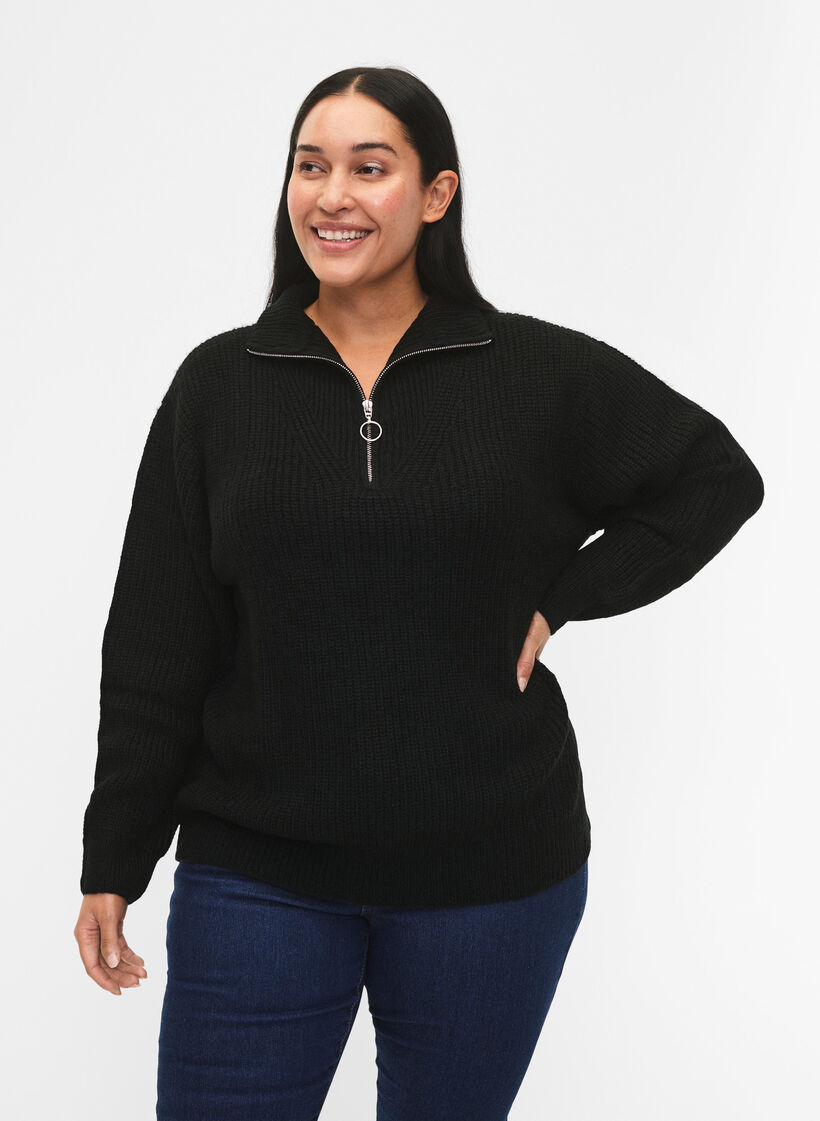 Knitted sweater with high neck and zipper, Black, Model image number 0