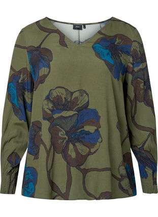 Long sleeved viscose blouse with floral print	, Green Big Flower, Packshot image number 0