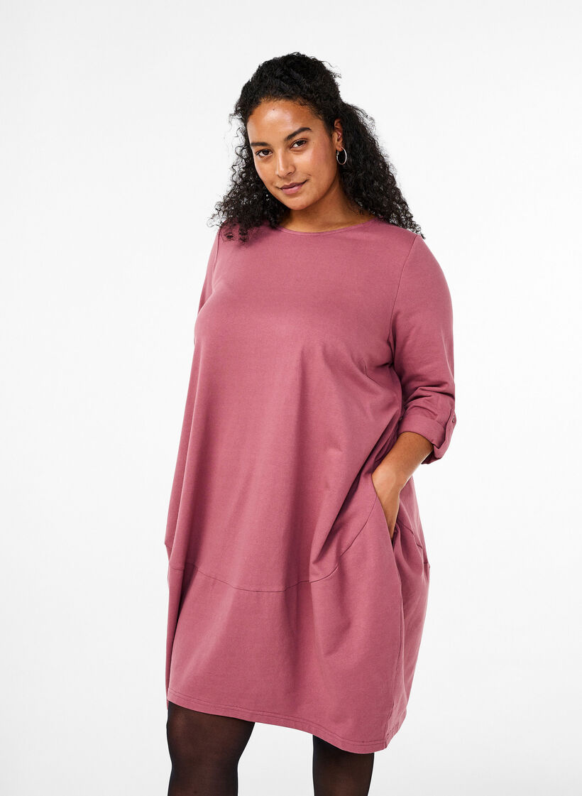 Balloon dress in cotton with pockets, Rose, Model image number 0