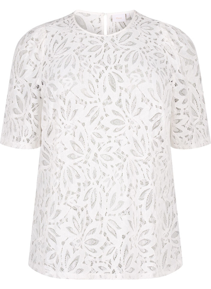 Lace blouse with short sleeves, Bright White, Packshot image number 0