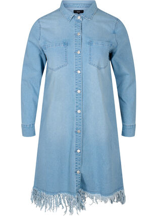 Denim dress with fringe and button-through closure, Light blue denim, Packshot image number 0