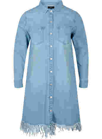 Denim dress with fringe and button-through closure