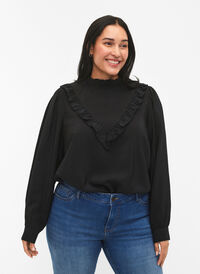 Viscose blouse with frills, Black, Model