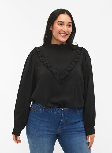 Viscose blouse with frills, Black, Model image number 0
