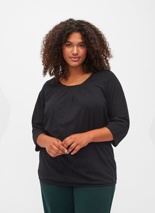 Cotton blouse with 3/4 sleeves, Black, Model image number 0