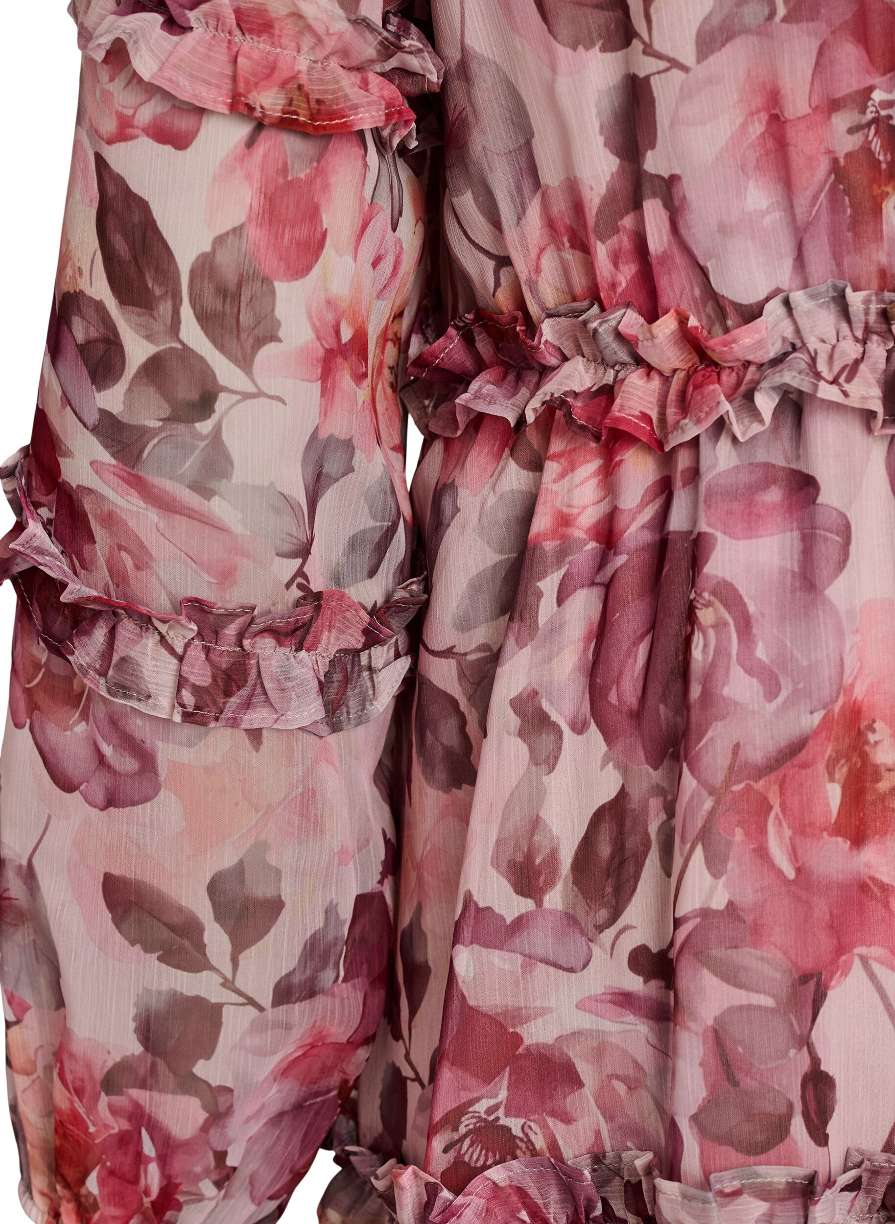 Zizzifashion Floral midi dress with ruffle details and sheer sleeves, Rose, Packshot image number 3