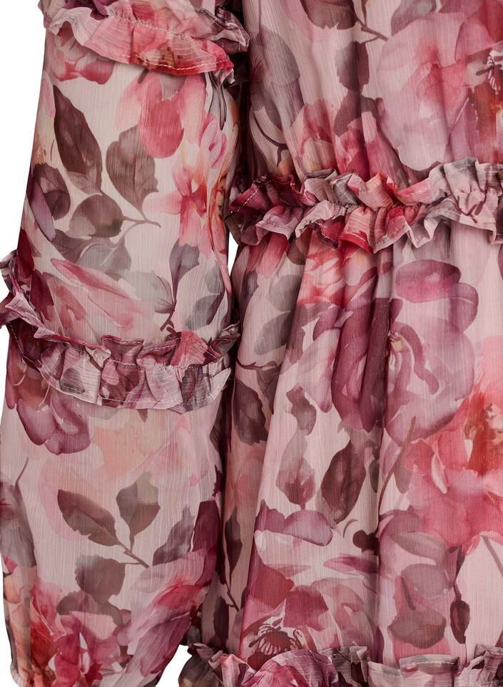 Floral midi dress with ruffle details and sheer sleeves, Rose, Packshot image number 3