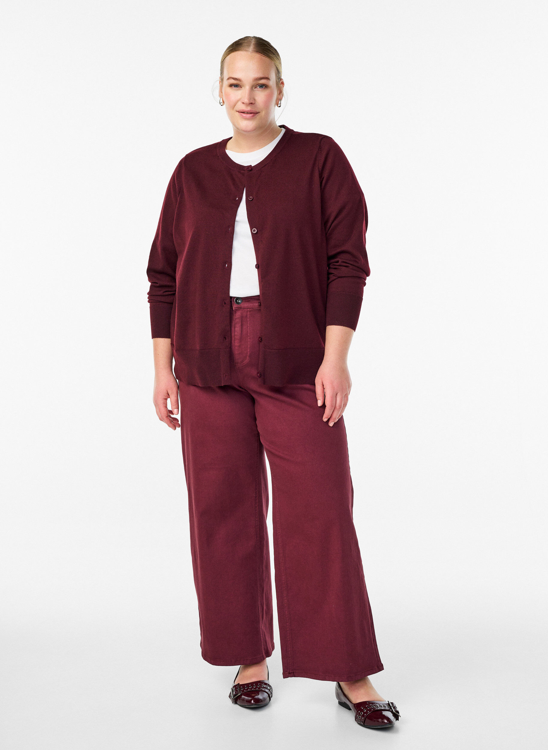 Zizzifashion Fine-knit cardigan with round neck, Red, Model image number 1