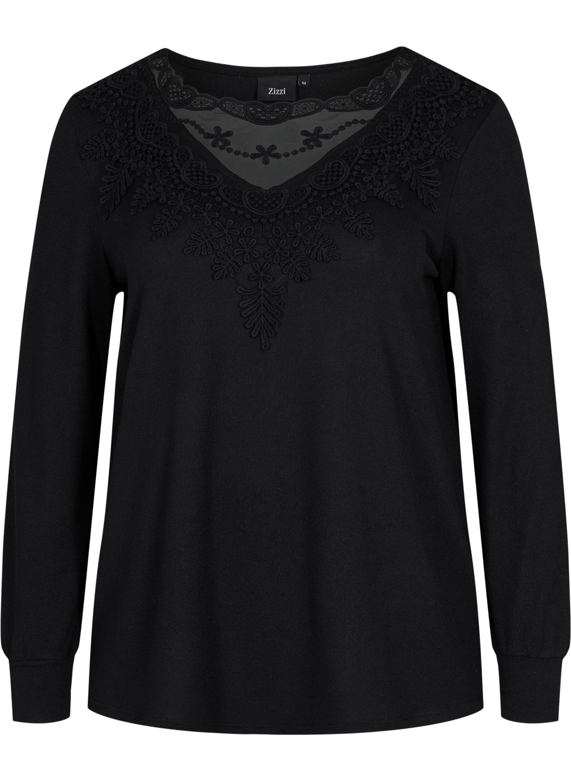 Zizzifashion Long-sleeved blouse with lace details, Black, Packshot image number 0
