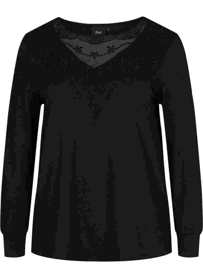 Long-sleeved blouse with lace details, Black, Packshot image number 0