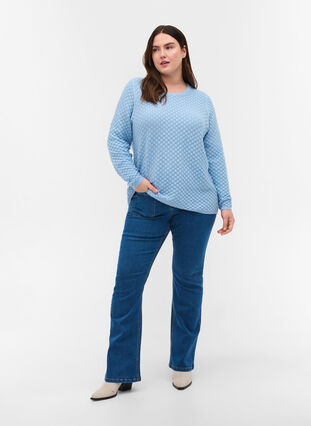 Patterned knitted blouse in organic cotton, Chambray Blue, Model image number 2