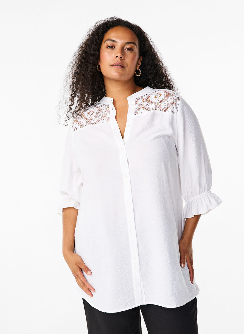 Long viscose shirt with lace detail, Bright White, Model image number 0
