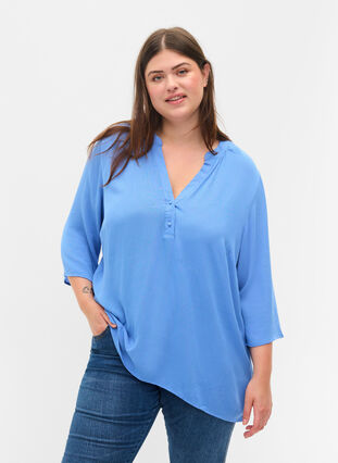 3/4 sleeve v-neck viscose blouse, Ultramarine, Model image number 0