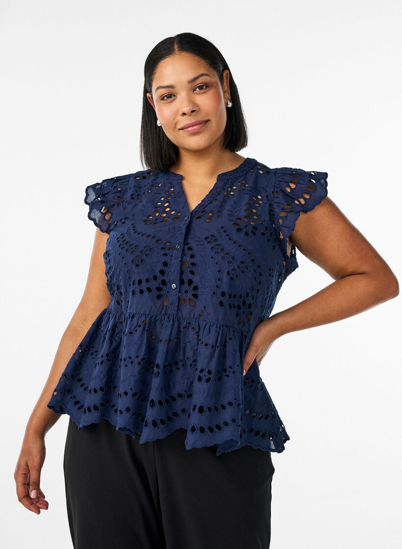 Sleeveless broderie anglaise blouse with ruffles, Blue, Model image number 0