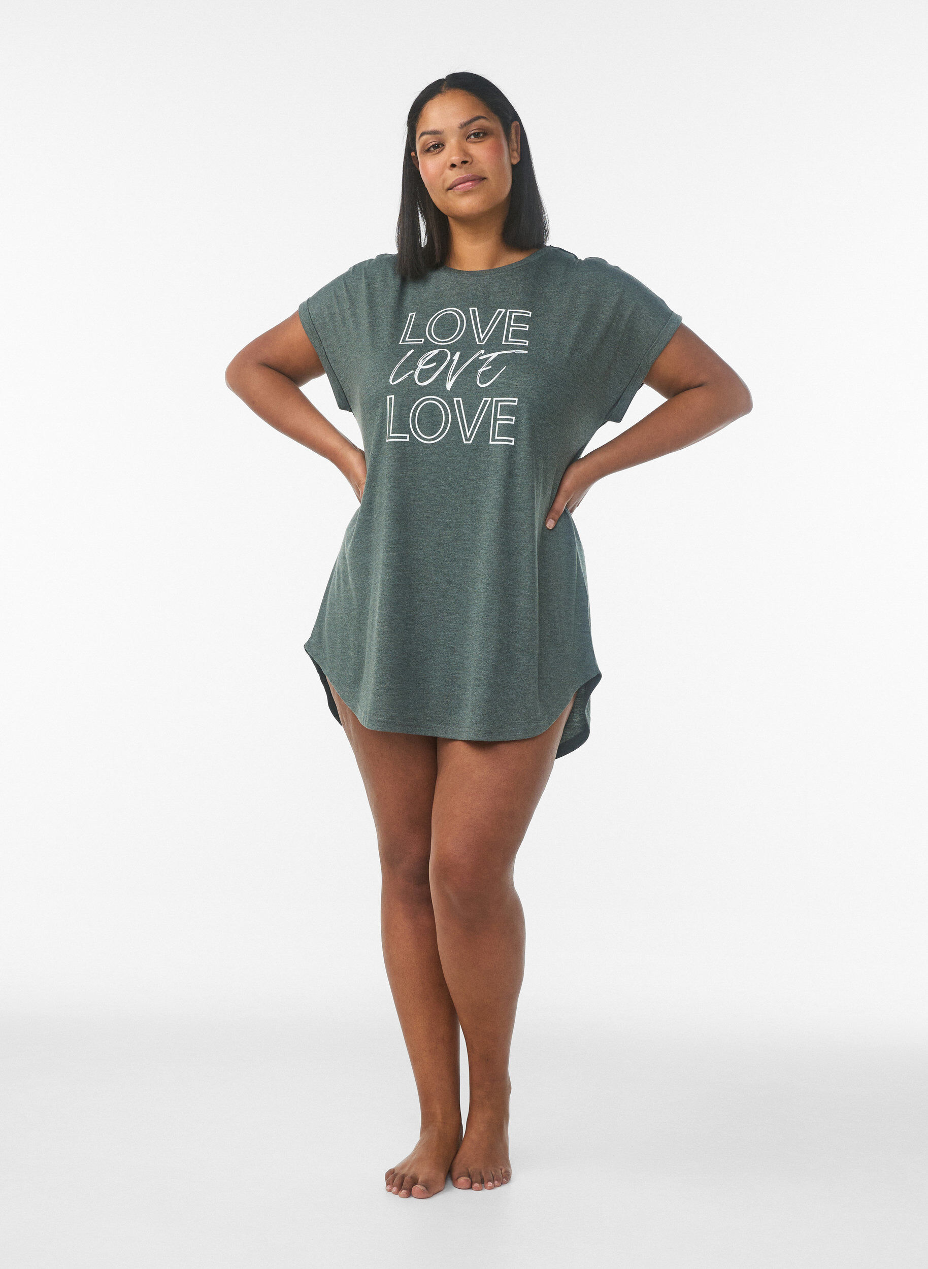 ZizzifashionShort sleeve nightgown with text print, Green, Model image number 1