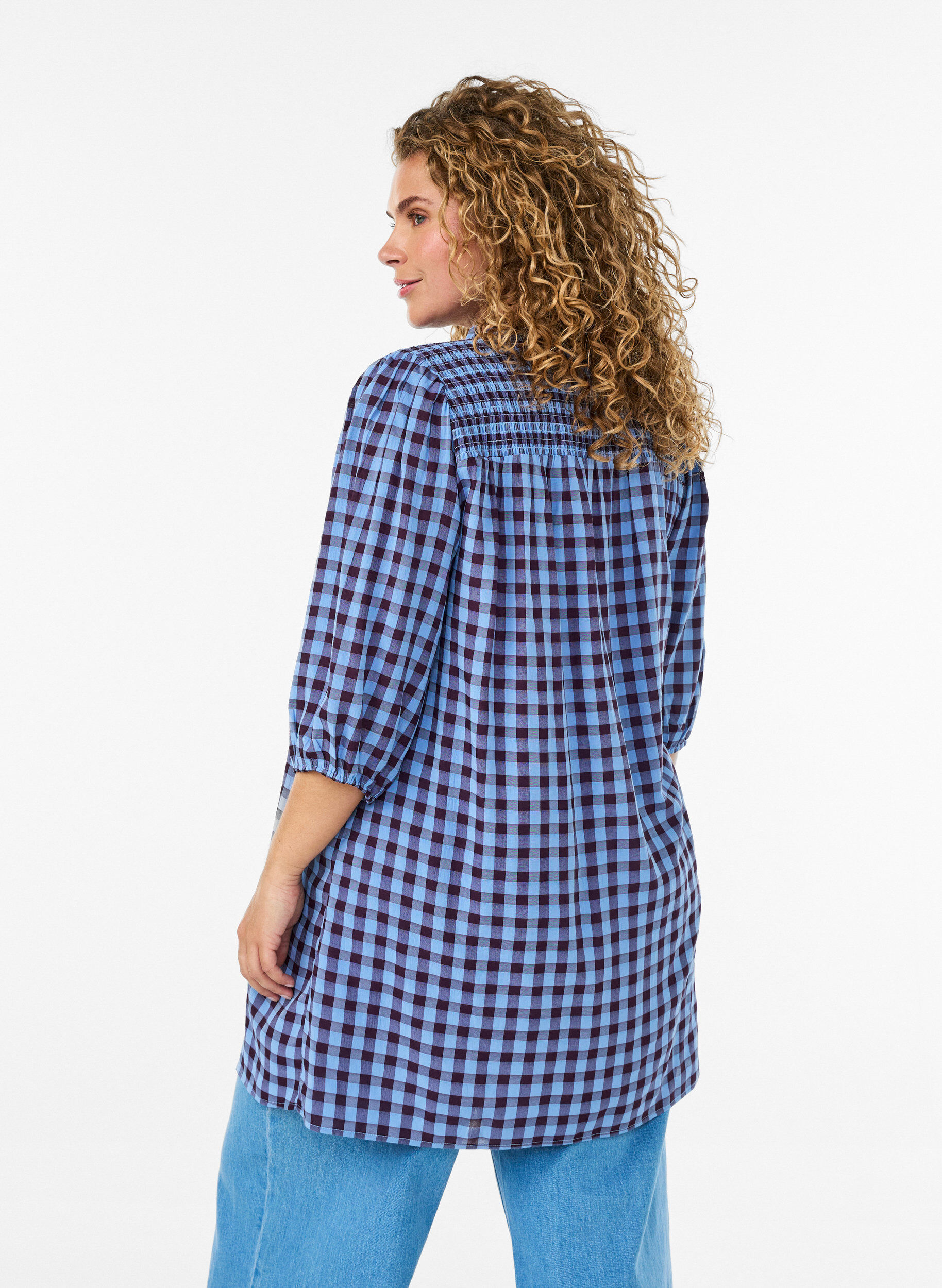 ZizzifashionTunic with gingham check and ruffle collar, Blue, Model image number 1