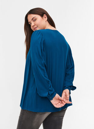 Viscose blouse with buttons and balloon sleeves, Poseidon, Model image number 1