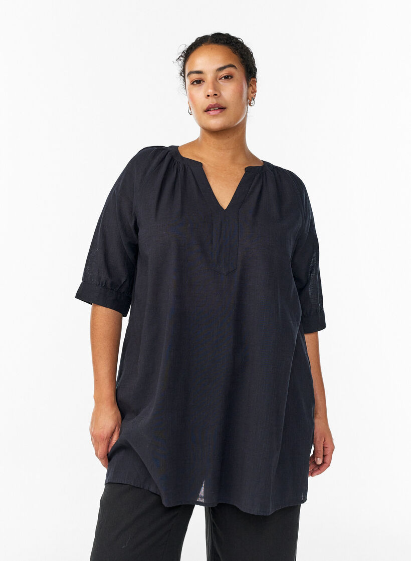 Cotton tunic with a V-neck, Black, Model image number 0