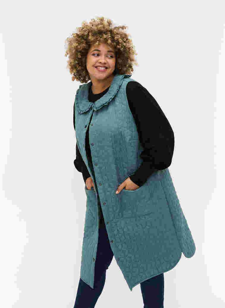 Long quilted vest with collar and frills, Sagebrush Green, Model image number 0
