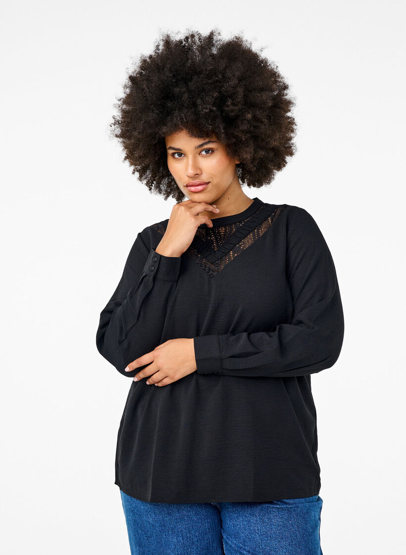 Blouse with lace detail, Black, Model image number 0