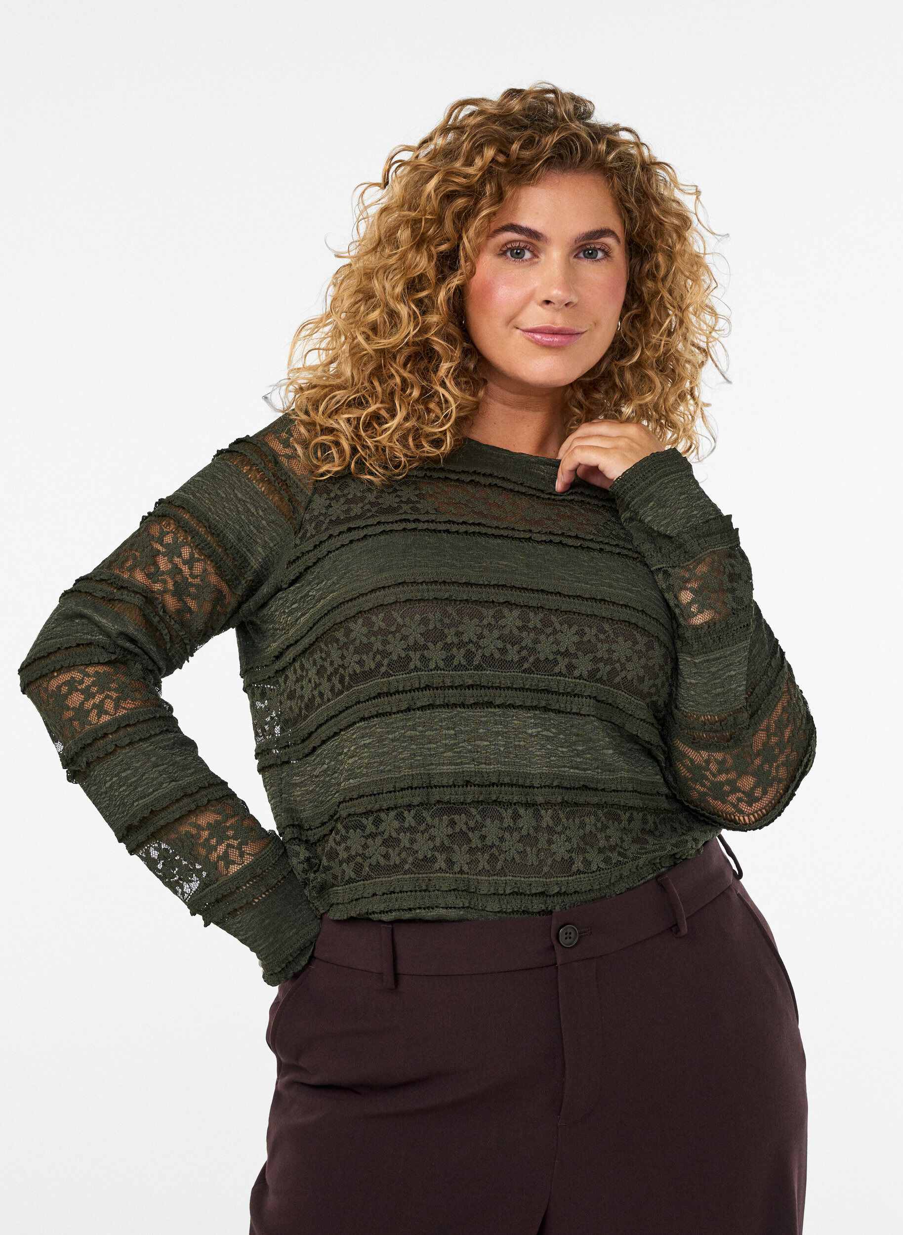 ZizzifashionLace blouse with long sleeves, Green, Model image number 0