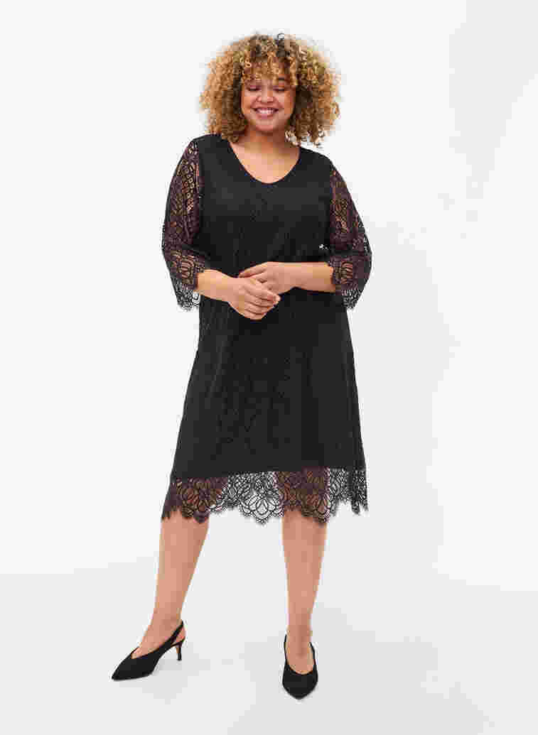 Lace Dress with 3/4 sleeves, Black, Model