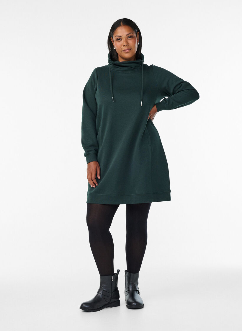 FLASH - Short sweatshirt dress with high collar and pockets, Green, Model image number 1