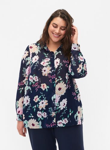 FLASH - Long sleeve shirt with floral print, Navy Flower, Model image number 0